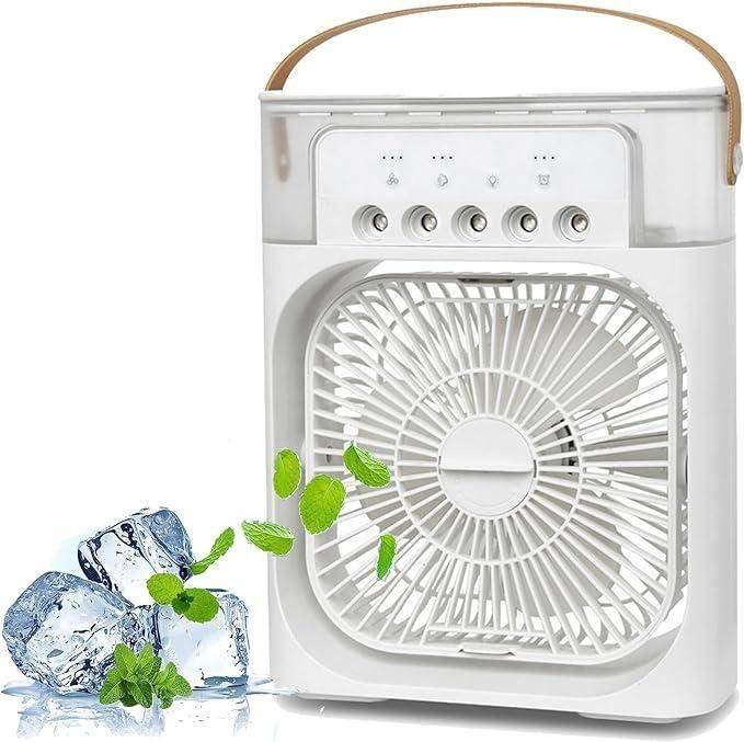 Portable Air Conditioner Fan, 500 ml Water Tank USB Personal Cooler, Mini Humidifier Fan with 7 Colors LED Light, 3 Timer, 3 Wind Speeds, 3 Spray Modes for Office, Home White Color