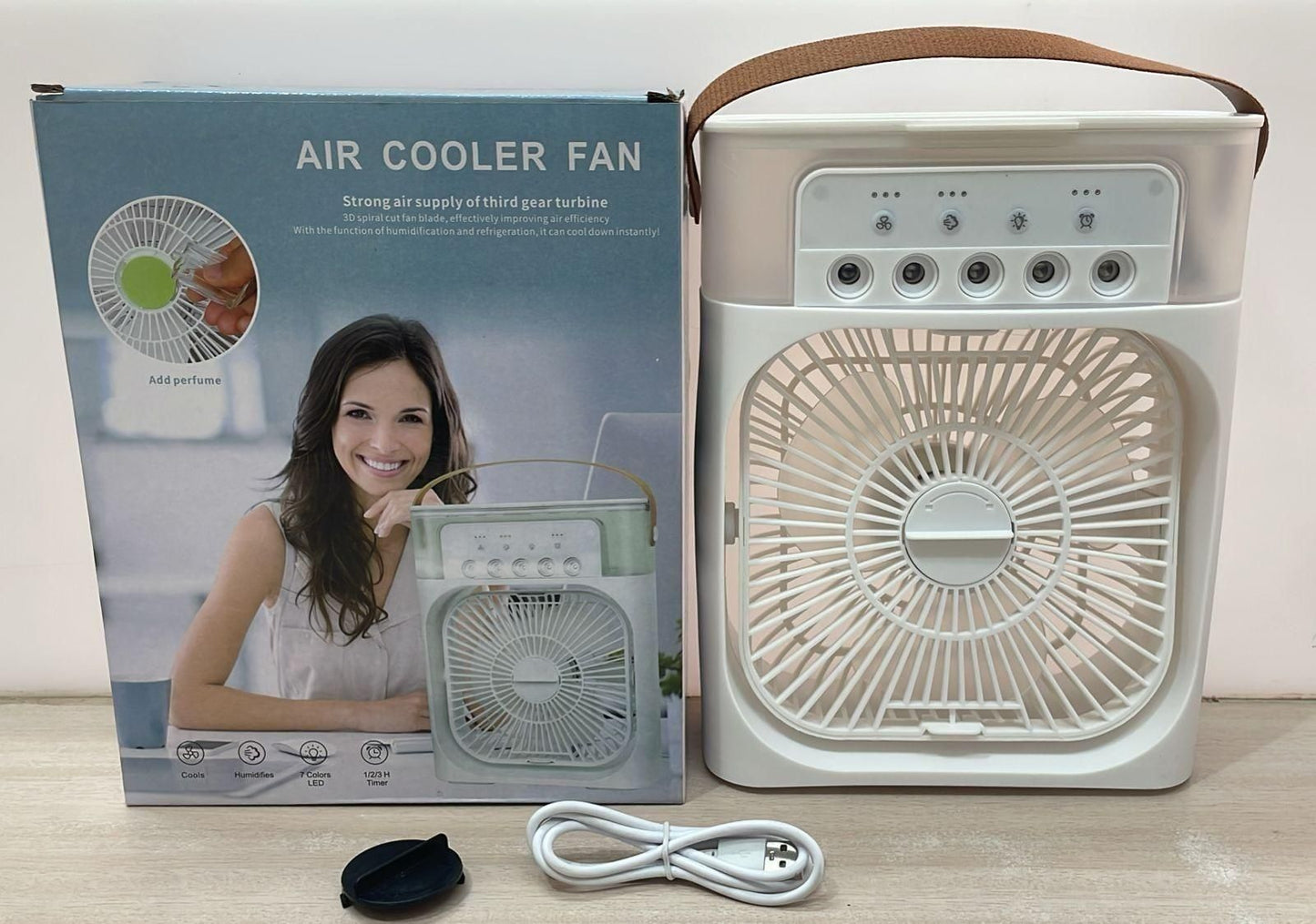 Portable Air Conditioner Fan, 500 ml Water Tank USB Personal Cooler, Mini Humidifier Fan with 7 Colors LED Light, 3 Timer, 3 Wind Speeds, 3 Spray Modes for Office, Home White Color